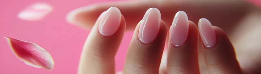 Background of woman hand with manicure in fashion neutral pink colors. Pretty elegant acrylic nude pink gel polish coffin nail manicure wear armor long nails for spa salon advertising branding banner