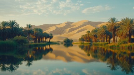 Fototapeta premium Desert Oasis with Palm Trees and Still Water Reflection