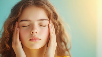 Fototapeta premium A young person with closed eyes and relaxed expression enjoys tranquility, touching their temples. Soft sunlight bathes the scene, enhancing the serene ambiance.