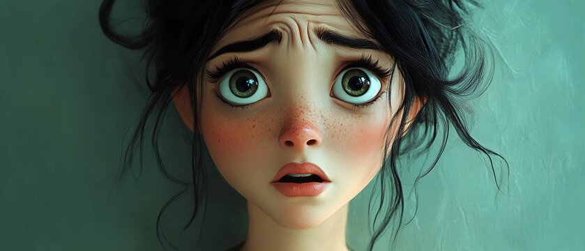 Whimsical depiction of a cartoon woman with large, expressive eyes, pouting in disappointment and worry, set in a cheerful environment