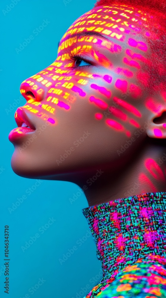 Poster Futuristic Portrait of Non-Binary Individual with Cherry Red Hair and Holographic Light Patterns on Face