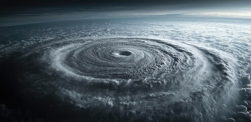 Aerial view of a powerful hurricane swirling over the ocean.