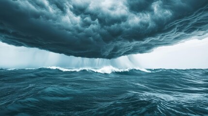 Fototapeta premium Stormy ocean scene with dark clouds and heavy rainfall over turbulent waters.