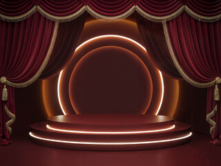 Luxurious Red Stage with Drapes and Neon Circular Lighting Contemporary Event Podium with Elegant Lighting Design