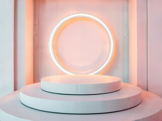 Minimalist Stage with Warm Neon  Circular Backdrop  Modern White Podium with Soft Circular Neon Light