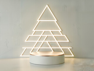 Minimalist Stage with Warm Christmas Neon  Circular Backdrop  Modern White Podium with Soft Circular Neon Light Christmas Tree with Warm Lighting