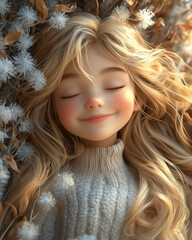 Fototapeta premium 3D rendered illustration of a cheerful young girl character, big smile with closed eyes, long flowing blonde hair, lying on a cozy wooden couch, surrounded by a sea of white autumn element