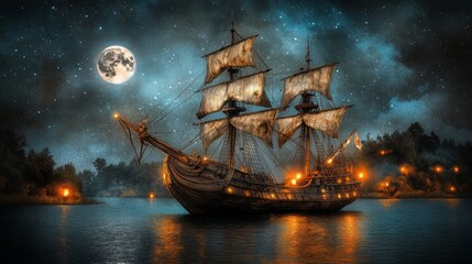 Fototapeta premium Ancient Ship Sailing on Calm Water at Night Under a Full Moon