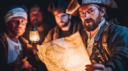 Obraz premium Pirate Captain Explains Treasure Map to Crew in Candlelight