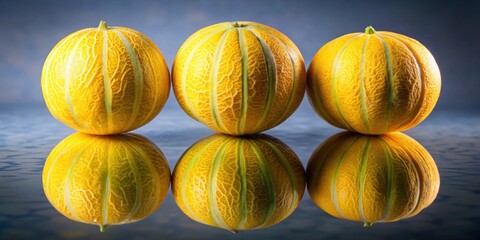 Vibrant yellow melons on reflective surface, vibrant, yellow, melon, oval-shaped, textured, reflective, surface, neutral background
