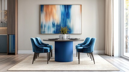 A large blue chair is in the foreground of a room. There are several other chairs in the room, including a blue chair in the middle of the room