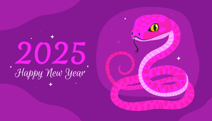Happy 2025 New Year of the Snake, Lunar New Year or Chinese New Year. Zodiac animal cartoon character. Greeting card or banner with cute pink snake, purple background.
