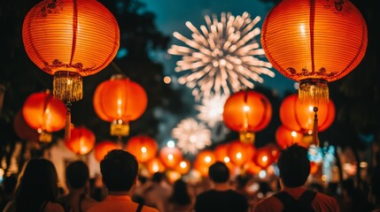 Chinese New Year Celebration with Fireworks and Lanterns