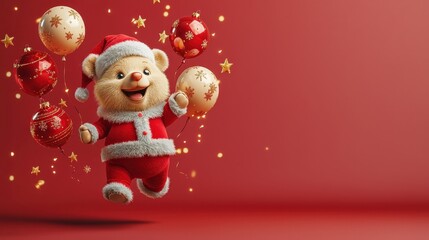 Fototapeta premium A cheerful bear in a Santa costume jumps joyfully, accompanied by festive balloons and stars, capturing the essence of holiday spirit and celebration in a vibrant red background.