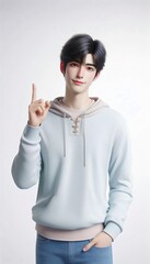 3D Character render handsome Asian man pointing finger up and little smile.