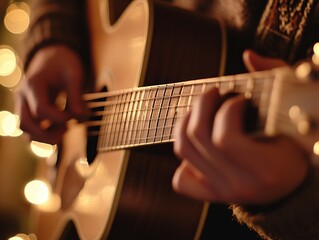 A close-up of hands playing an acoustic guitar with soft, glowing lights in the background.