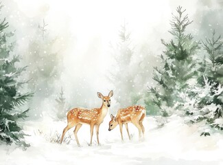 Watercolor Painting of Deer in Snowy Landscape with Evergreen Trees Generative AI