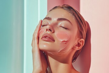 Naklejka premium Close-up of a Woman's Face with a Pink Gel Mask