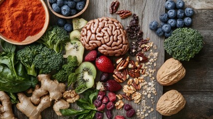 Plant-based brain food options, featuring a variety of vegan-friendly ingredients known for boosting cognitive health