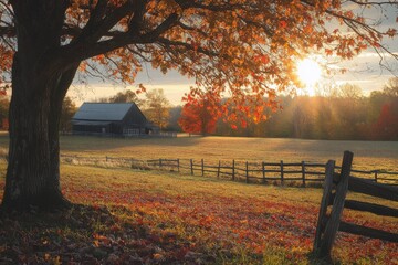 Obraz premium Autumn sun setting over a farm