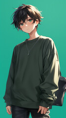 Obraz premium Charming Japanese Anime Boy Posing Against Vibrant Green Background Enchanted With Anime Character Simplicity.