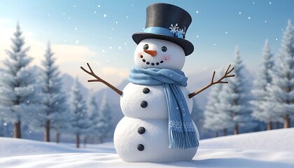 Obraz premium A Happy Snowman Standing in a Snowy Forest