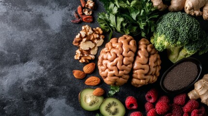 Plant-based brain food options, featuring a variety of vegan-friendly ingredients known for boosting cognitive health