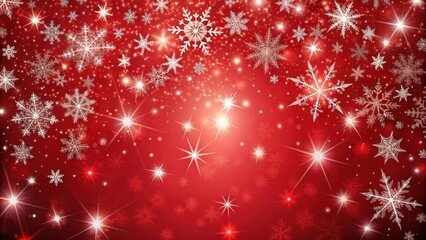 Red Christmas background with falling snowflakes and shining stars, holiday, festive, winter, celebration, December