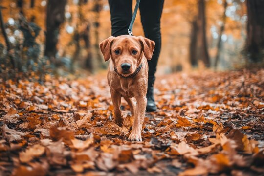 Dog through a forest path lined with golden and orange leaves - Powered by Adobe