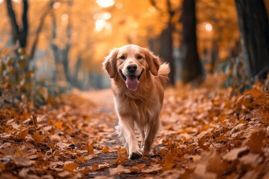 Dog through a forest path lined with golden and orange leaves