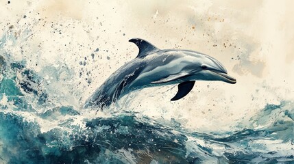 Fototapeta premium Dolphin Jumping into the Water, Underwater Scene Generative AI