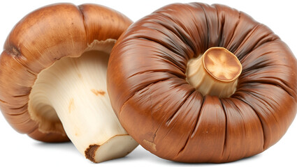 Three brown champignons or portobello mushrooms isolated transparent png.