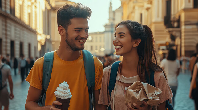 the happy couple ARE EATING GELETO  while walking around venice , italy   on their holidays vacation trip 