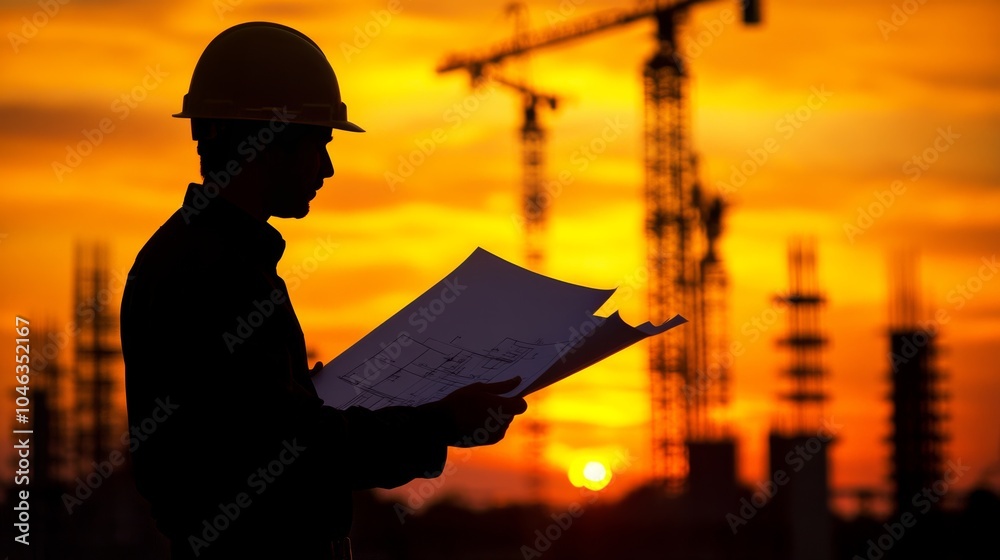 Poster silhouette of a construction engineer studying a blueprint with cranes and construction equipment in