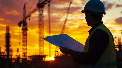 Silhouette of a construction engineer studying a blueprint with cranes and construction equipment in the background