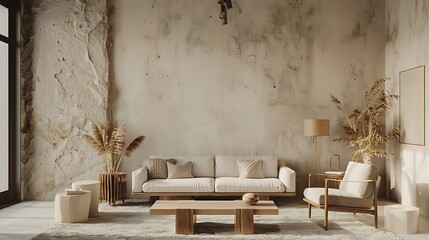 Interior of luxury living room with natural wooden furniture and mock up plaster wall background
