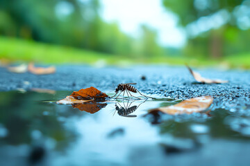 Fototapeta premium A close-up of a mosquito reflecting on a puddle among fallen leaves in a serene outdoor setting