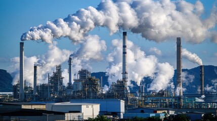 A large industrial plant with smoke billowing out of it. The smoke is coming from the top of the plant, and it is a very large and imposing structure. The plant is surrounded by trees and hills