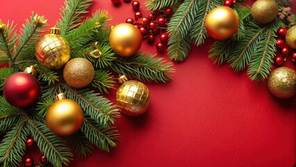 Obraz premium Festive Christmas decoration with gold and red ornaments, pine branches, and a red background