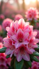 Fototapeta premium Vibrant pink rhododendron flowers in full bloom with natural lighting