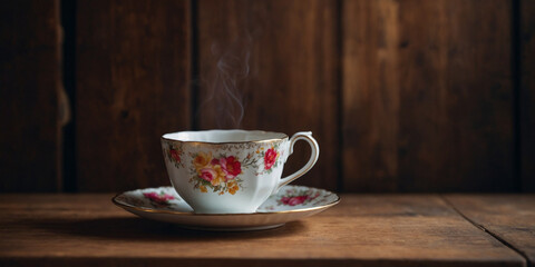 Fototapeta premium A close-up photo of a steaming cup of tea on a saucer with a floral pattern, resting on a rustic wooden table.