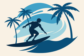 a silhouette of a surfer catching a big wave vector illustration 