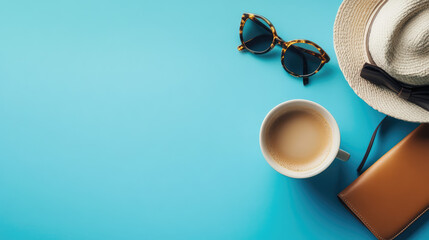 vacation holiday equipments coffee manila hat on plain blue background 
