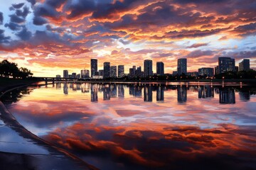 Fototapeta premium Watercolor painting of a city skyline at sunrise, with soft pastel colors reflecting off the glass skyscrapers and the sky blending into warm shades of orange and pink, capturing the gentle