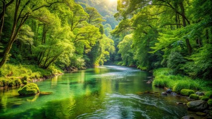 Obraz premium River flowing through lush green forest, nature, landscape, water, trees, environment, peaceful, tranquil, scenic, wilderness
