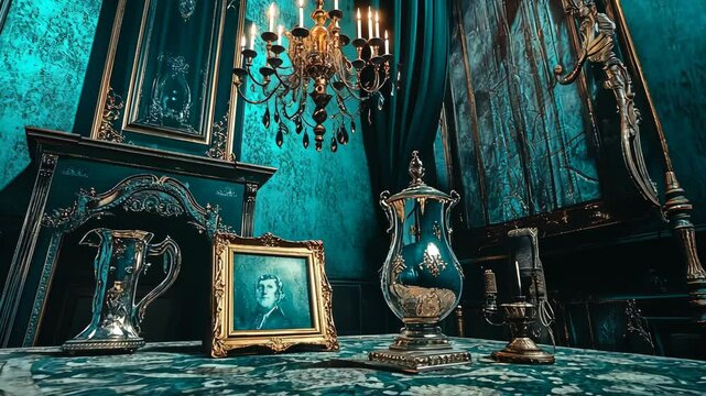 A vintage silver pitcher and a framed portrait sit on a teal table with a ornate silver pitcher