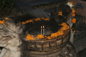 lighted candles and flower petals on the sacred stand for prayers at "mahabodhi "temple, bodh gaya, india