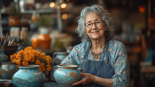 A senior woman artist joyfully teaches her friend how to paint a ceramic cup, embodying creativity, friendship, and lifelong learning