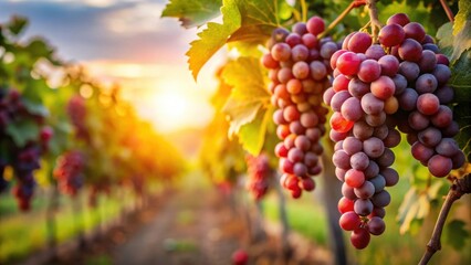 Naklejka premium Close up view of red grapes on vine bush in vineyard plantation during sunset, red grapes, vine, bush
