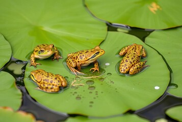 Frogs splattered on a green lily pad background;;